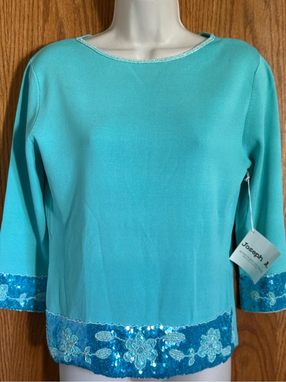 Joseph A. Aqua Blue Sweater Top Embellished 3/4 Sleeves Women's Size Lg P Vtg?